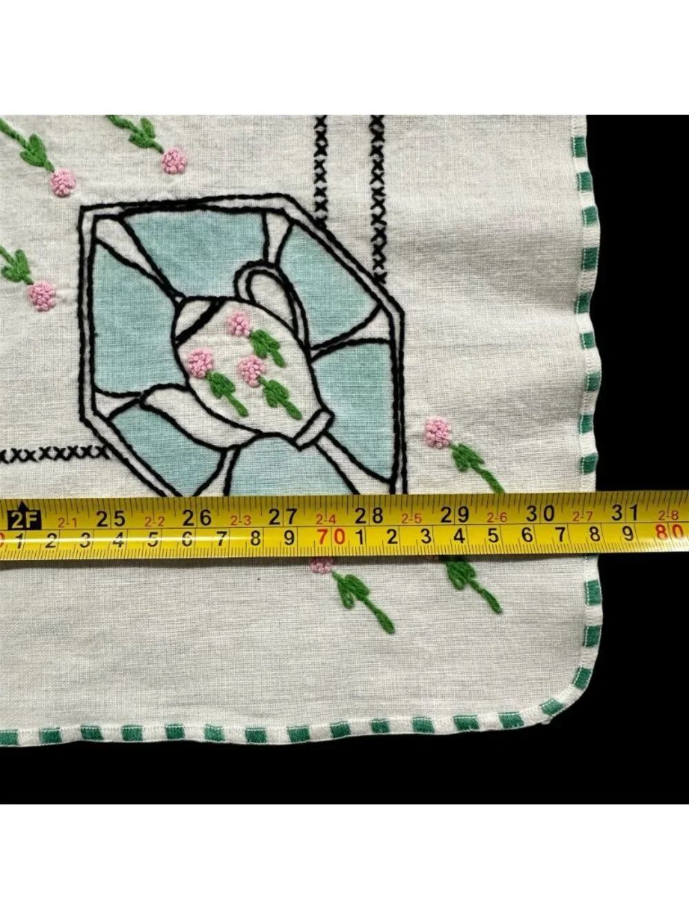 Vintage Tablecloth Napkins Set Handmade Embroidery Pink Flowers Art Deco Style